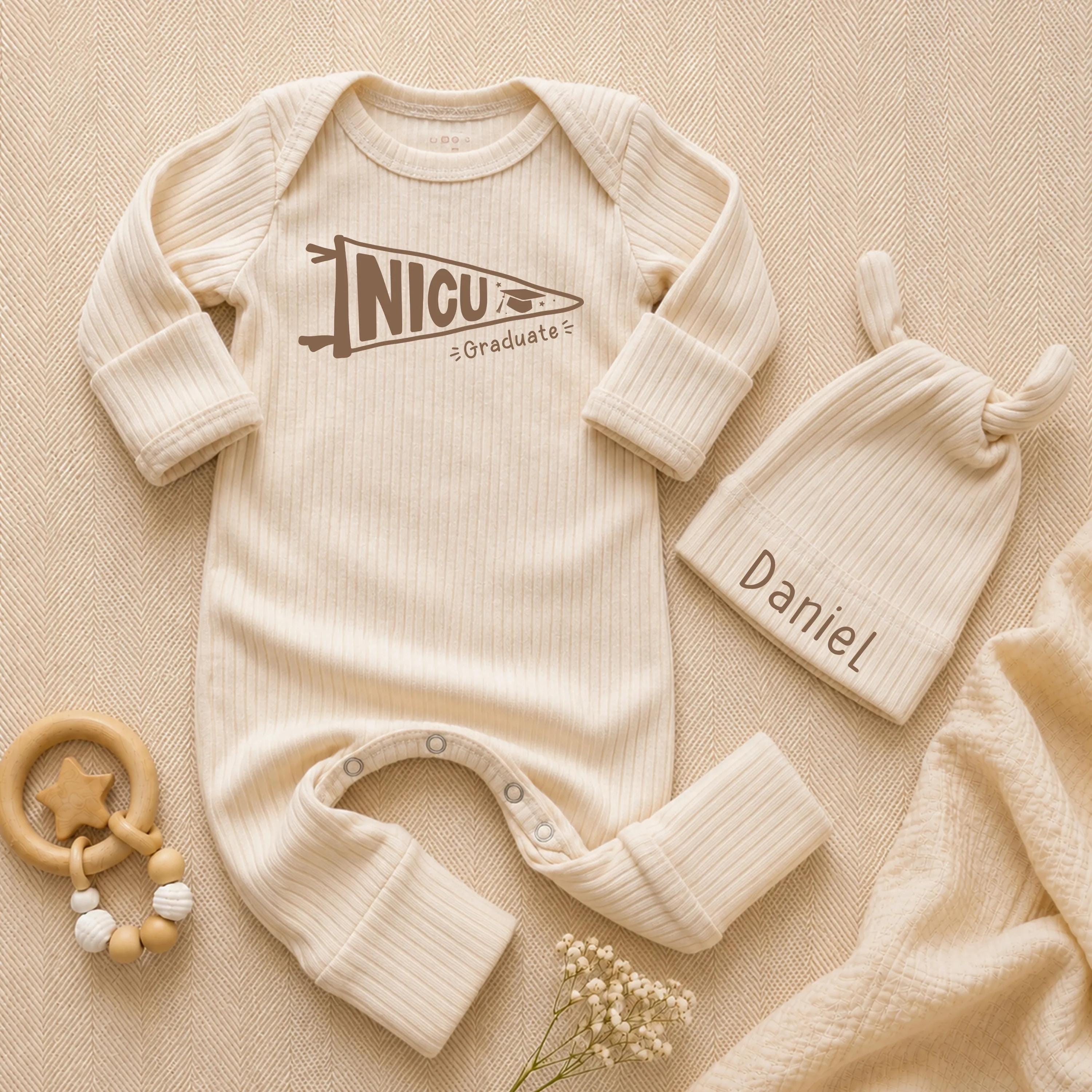 Personalized NICU Graduate Baby Romper and Hat Set, Soft Ribbed Neutral Long Sleeve Outfit, Custom Newborn Coming Home Gift