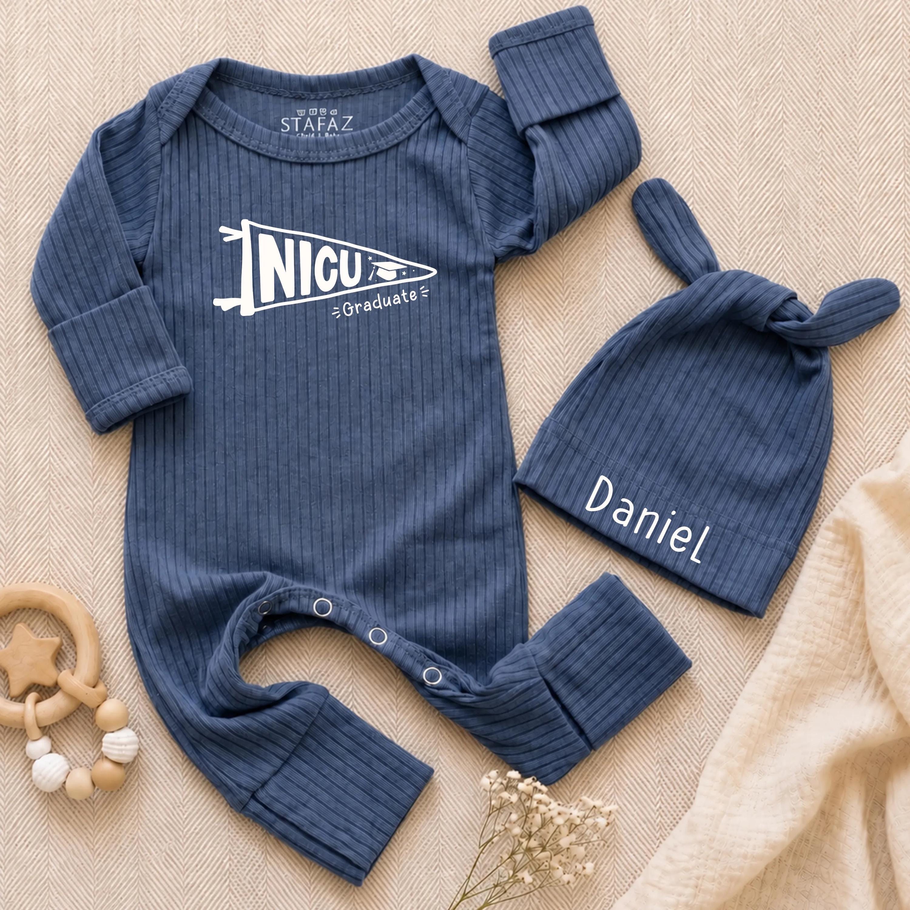 Personalized NICU Graduate Baby Romper and Hat Set, Soft Ribbed Neutral Long Sleeve Outfit, Custom Newborn Coming Home Gift