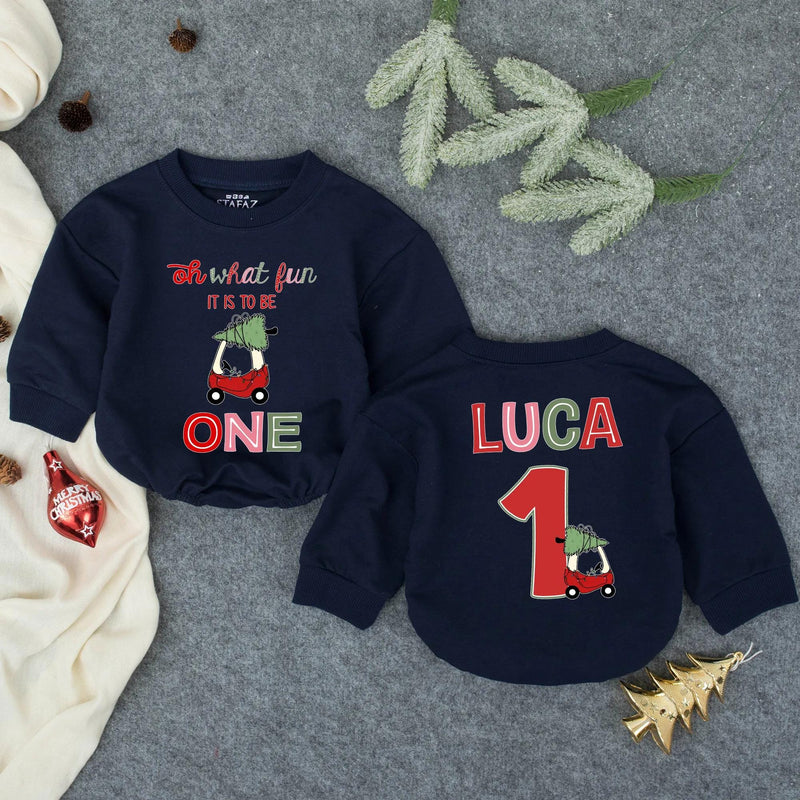 Personalized Oh What Fun 1st Birthday Baby Romper - Custom Holiday Outfit for Boys - Soft Cotton Long Sleeve Christmas Toddler Clothes