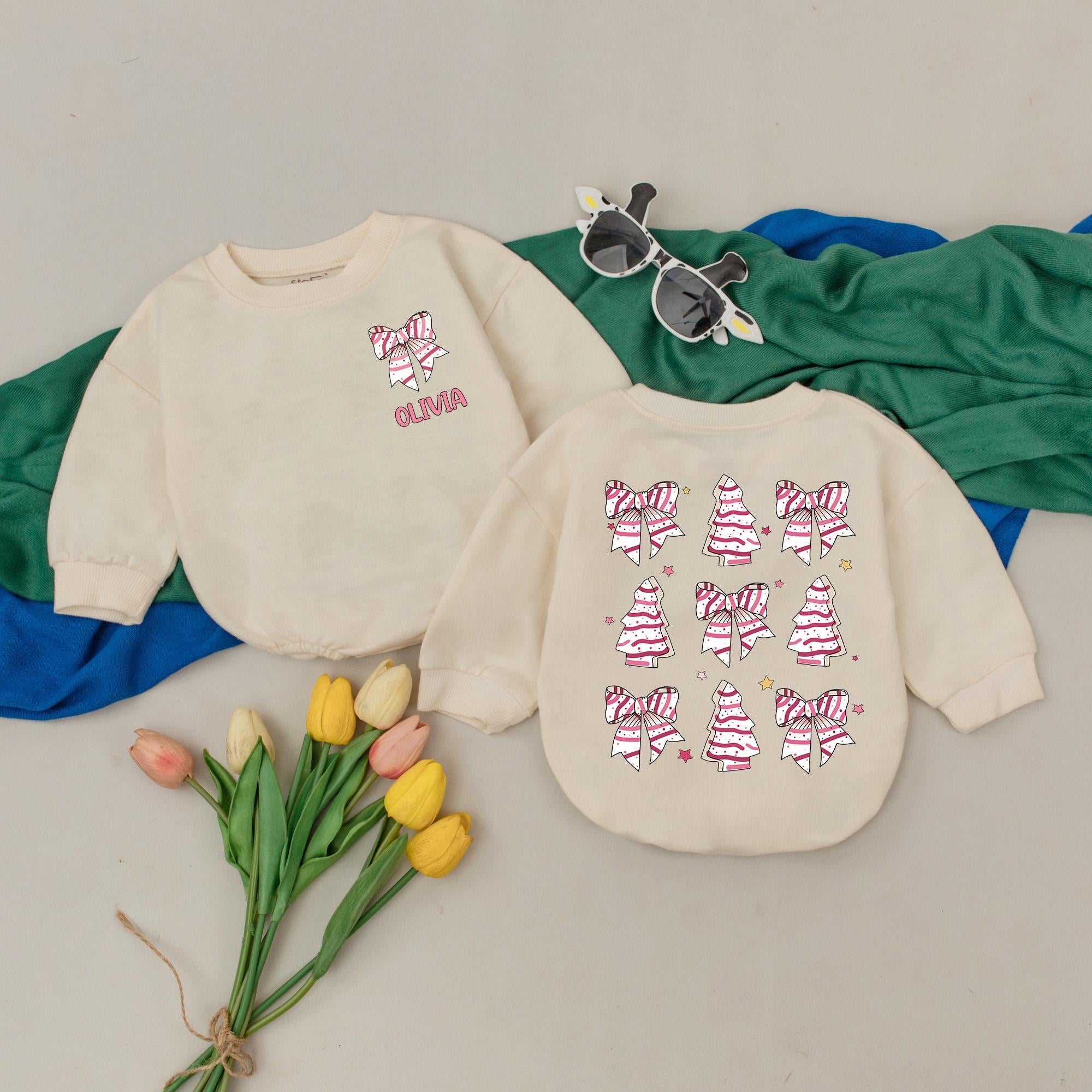 Personalized Olivia Christmas Tree Cake Romper Baby First Holiday Outfit Soft Cotton Newborn Gift for Girls Boys Festive Design