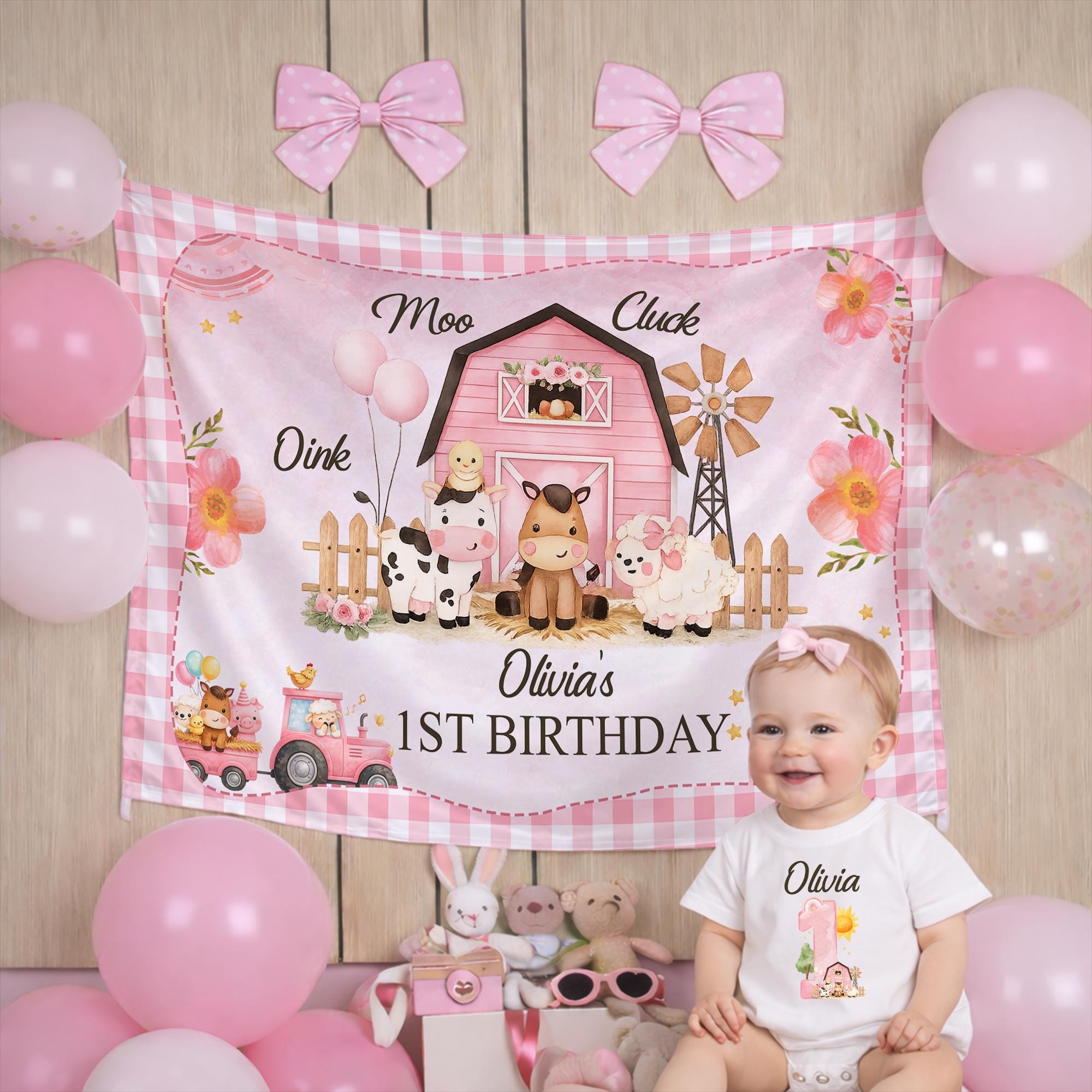 Personalized Olivia First Birthday Pink Barnyard Silk Banner Baby Girl Party Backdrop Pastel Farm Theme with Trees and Sun Design