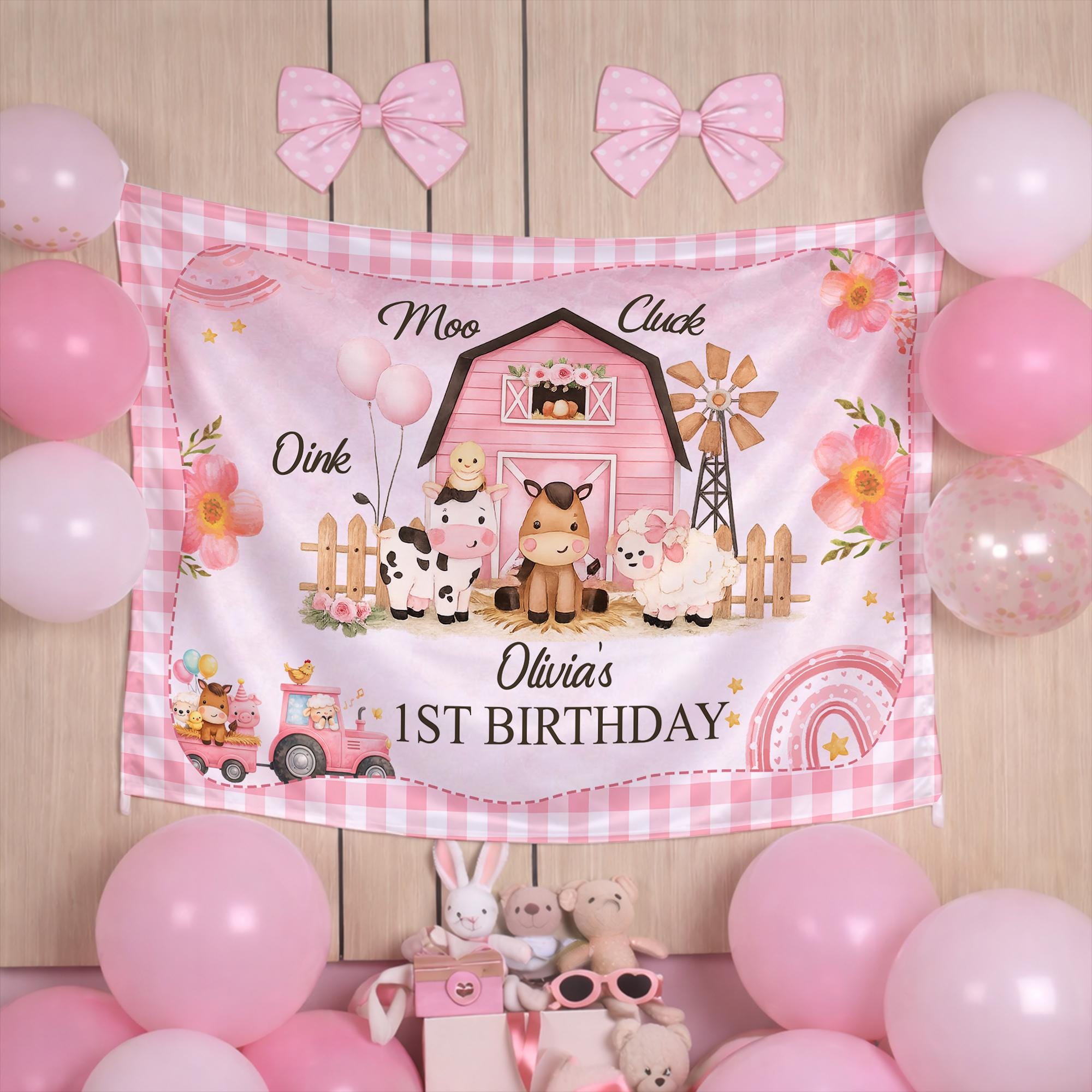 Personalized Olivia First Birthday Pink Barnyard Silk Banner Baby Girl Party Backdrop Pastel Farm Theme with Trees and Sun Design