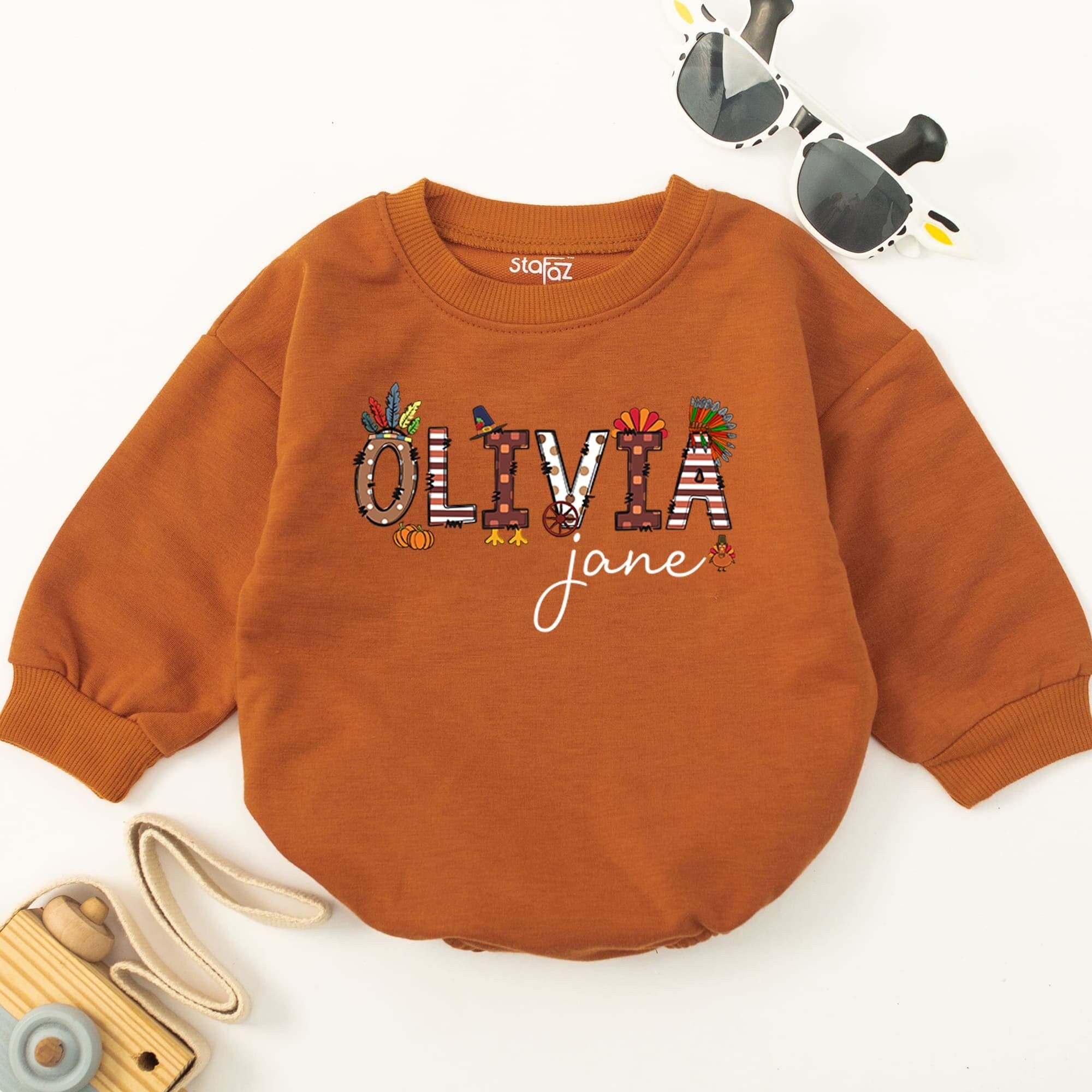 Personalized Olivia Jane Thanksgiving Baby Romper Autumn-Themed Infant Outfit Soft Cotton Toddler Bodysuit Fall Festive Design