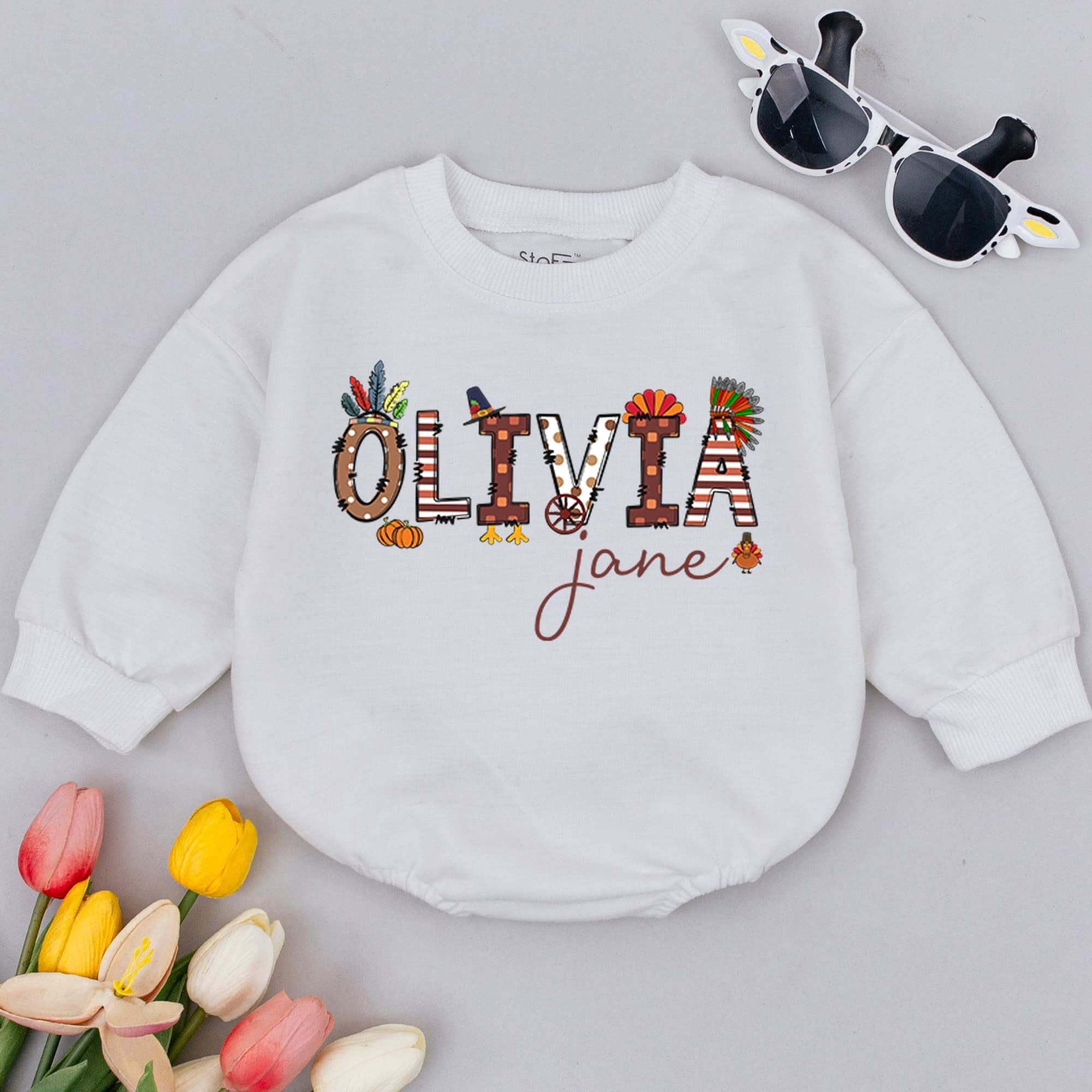 Personalized Olivia Jane Thanksgiving Baby Romper Autumn-Themed Infant Outfit Soft Cotton Toddler Bodysuit Fall Festive Design