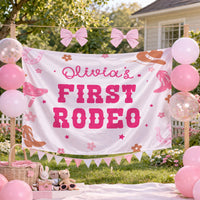 Personalized Olivia's First Rodeo Birthday Banner for Cowgirl Party, Custom Pink Western Backdrop with Hats, Boots, Horseshoes, Stars