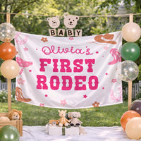 Personalized Olivia's First Rodeo Birthday Banner for Cowgirl Party, Custom Pink Western Backdrop with Hats, Boots, Horseshoes, Stars