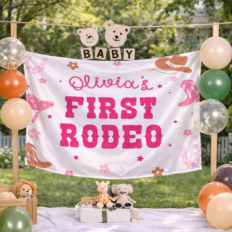 Personalized Olivia's First Rodeo Birthday Banner for Cowgirl Party, Custom Pink Western Backdrop with Hats, Boots, Horseshoes, Stars