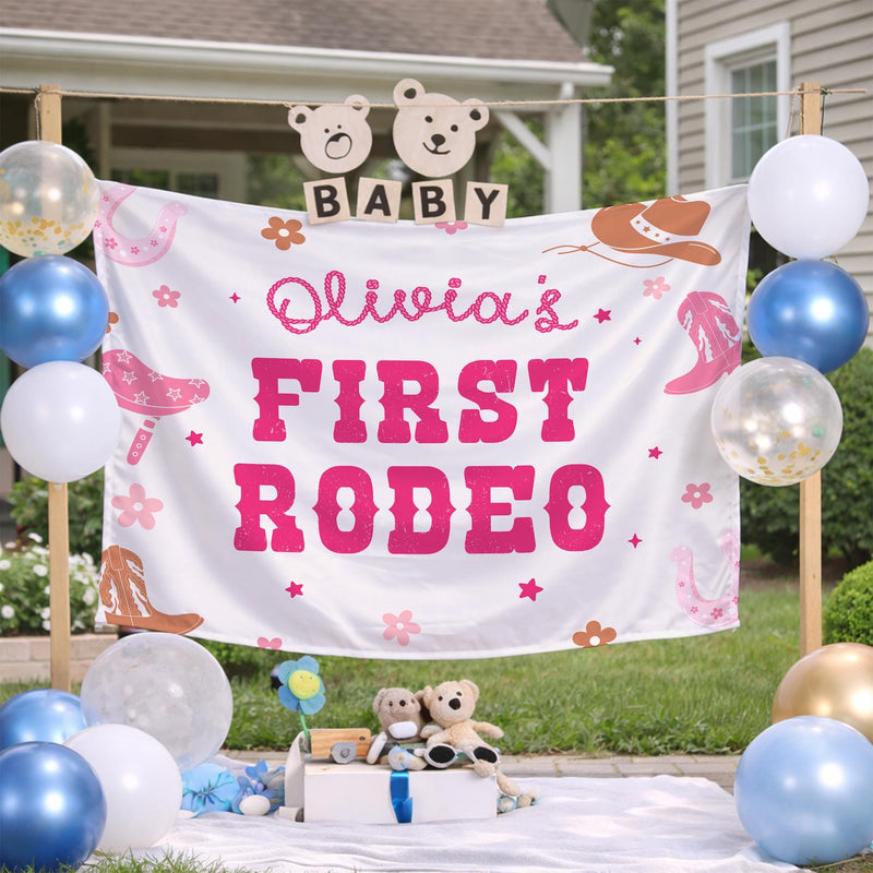 Personalized Olivia's First Rodeo Birthday Banner for Cowgirl Party, Custom Pink Western Backdrop with Hats, Boots, Horseshoes, Stars