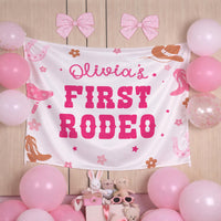 Personalized Olivia's First Rodeo Birthday Banner for Cowgirl Party, Custom Pink Western Backdrop with Hats, Boots, Horseshoes, Stars