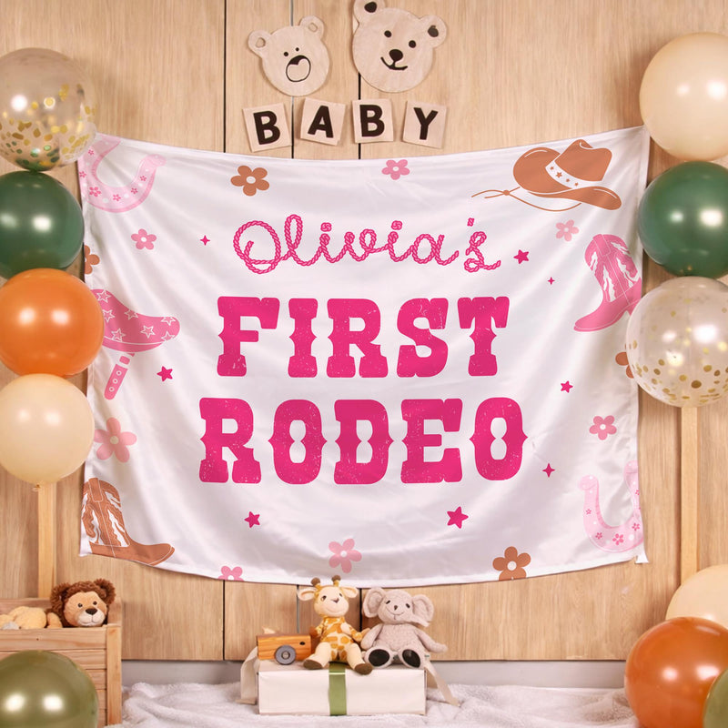 Personalized Olivia's First Rodeo Birthday Banner for Cowgirl Party, Custom Pink Western Backdrop with Hats, Boots, Horseshoes, Stars