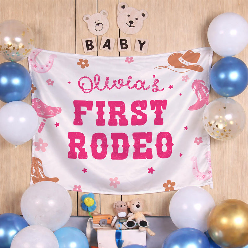 Personalized Olivia's First Rodeo Birthday Banner for Cowgirl Party, Custom Pink Western Backdrop with Hats, Boots, Horseshoes, Stars