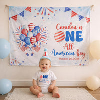 Personalized One All American Boy Birthday Romper and Silk Banner Set, Red White Blue Party Outfit for Baby Boy 4th of July Celebration