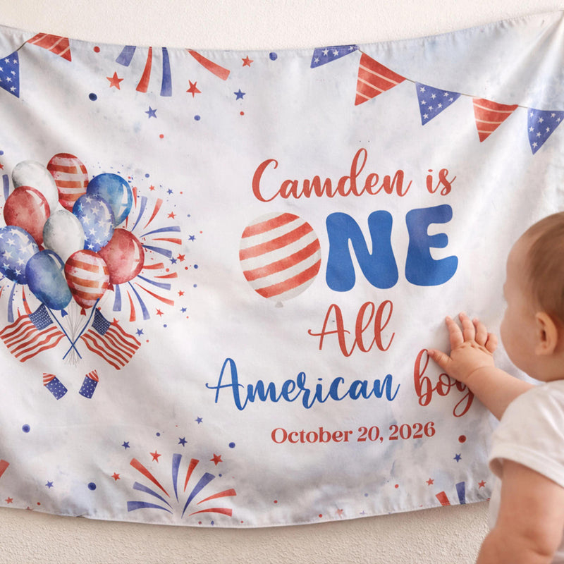 Personalized One All American Boy Birthday Romper and Silk Banner Set, Red White Blue Party Outfit for Baby Boy 4th of July Celebration