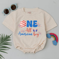 Personalized One All American Boy Birthday Romper and Silk Banner Set, Red White Blue Party Outfit for Baby Boy 4th of July Celebration