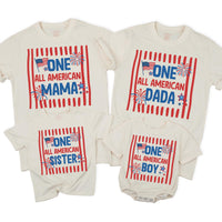 Personalized One All American Girl First Birthday Matching Family Shirts Patriotic 4th of July Outfit Fireworks Red White Blue Design