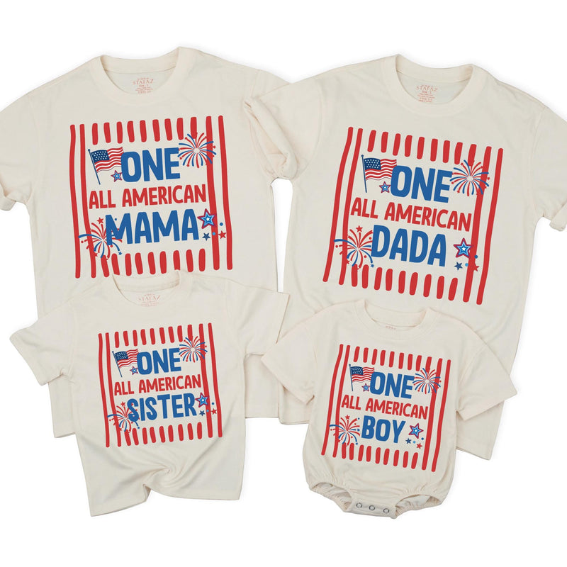 Personalized One All American Girl First Birthday Matching Family Shirts Patriotic 4th of July Outfit Fireworks Red White Blue Design