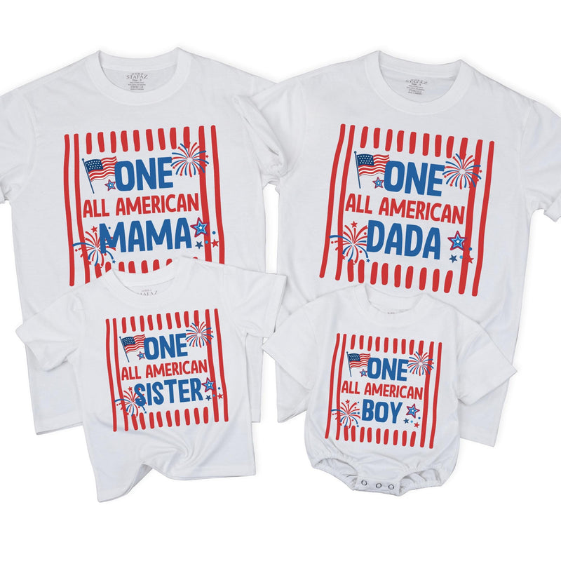 Personalized One All American Girl First Birthday Matching Family Shirts Patriotic 4th of July Outfit Fireworks Red White Blue Design