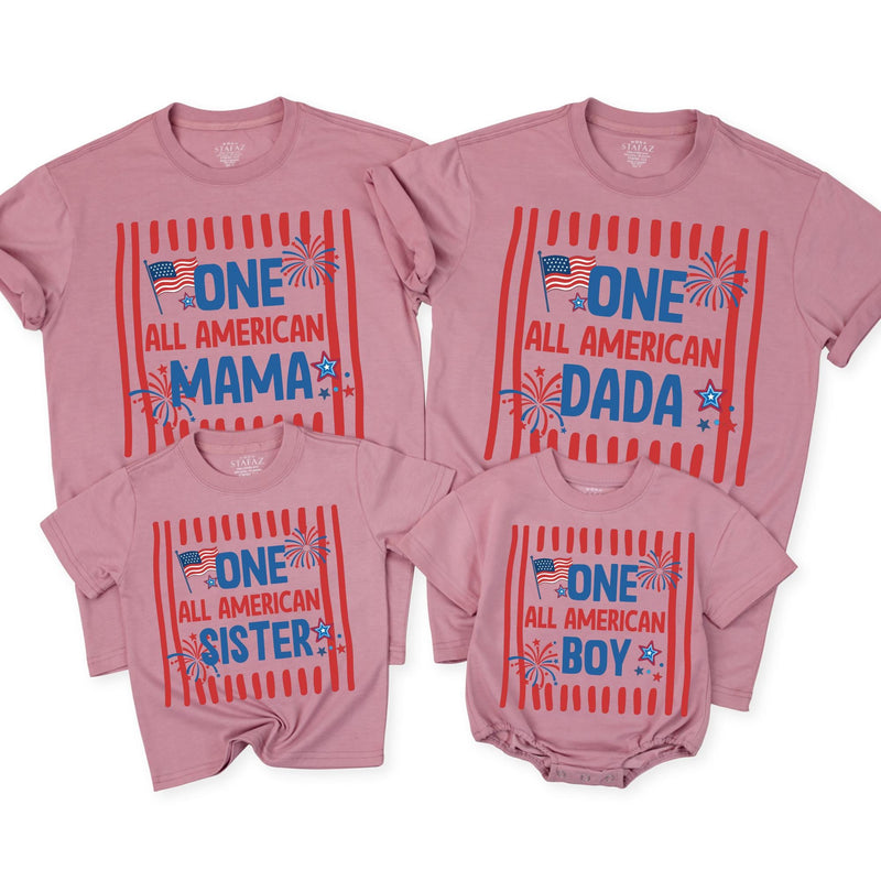 Personalized One All American Girl First Birthday Matching Family Shirts Patriotic 4th of July Outfit Fireworks Red White Blue Design