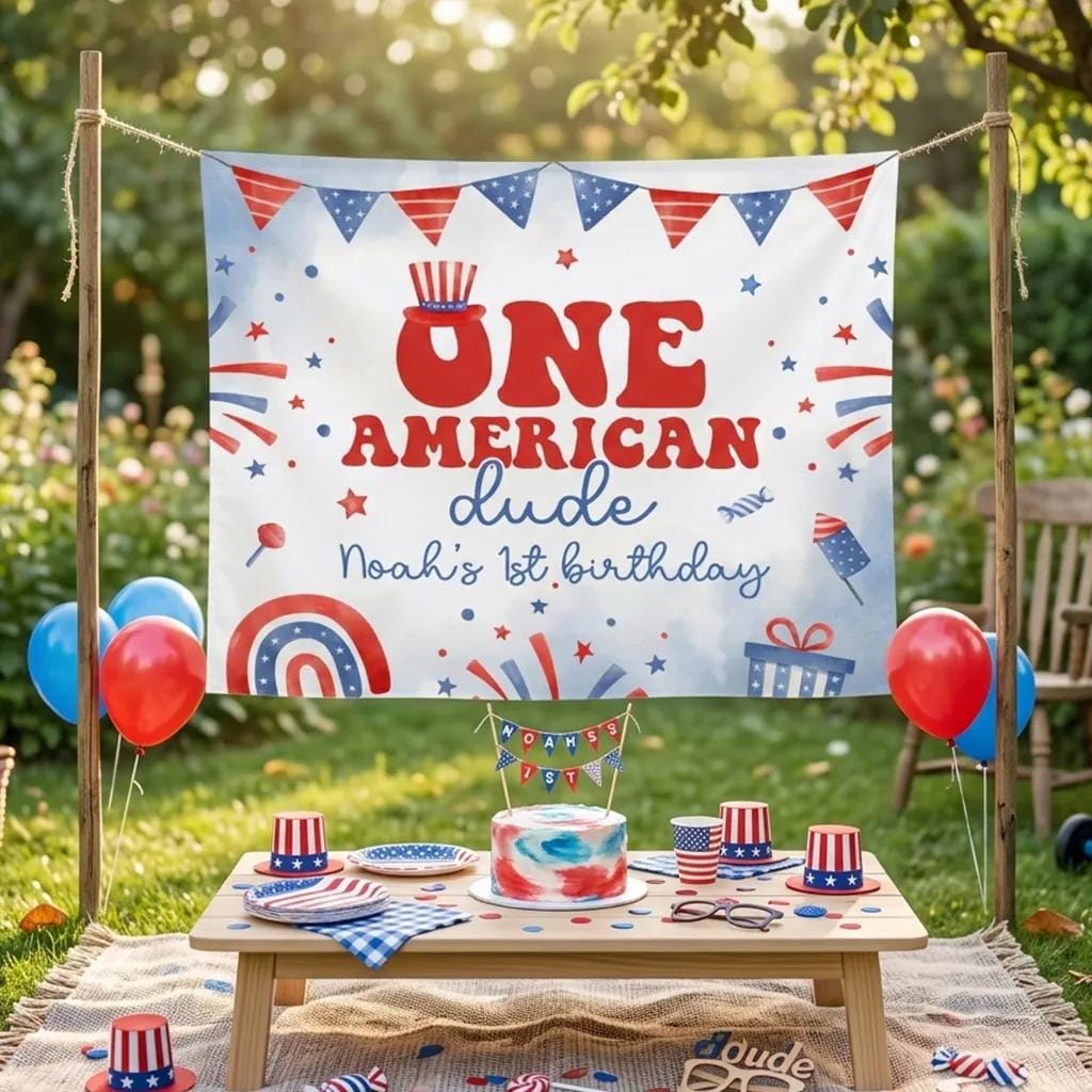 Personalized One American Dude 1st Birthday Banner with Custom Name, Patriotic Red White Blue Party Backdrop for Baby or Toddler Boy