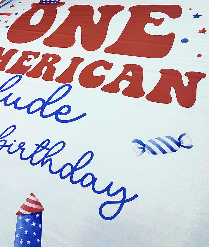 Personalized One American Dude 1st Birthday Banner with Custom Name, Patriotic Red White Blue Party Backdrop for Baby or Toddler Boy
