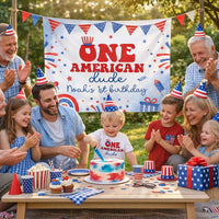 Personalized One American Dude 1st Birthday Banner with Custom Name, Patriotic Red White Blue Party Backdrop for Baby or Toddler Boy