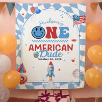 Personalized One American Dude 1st Birthday Romper and Banner Set for Boys, Patriotic Outfit with Smiley Face, Cupcake Design, 4th of July Party