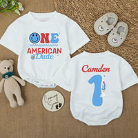 Personalized One American Dude 1st Birthday Romper and Banner Set for Boys, Patriotic Outfit with Smiley Face, Cupcake Design, 4th of July Party