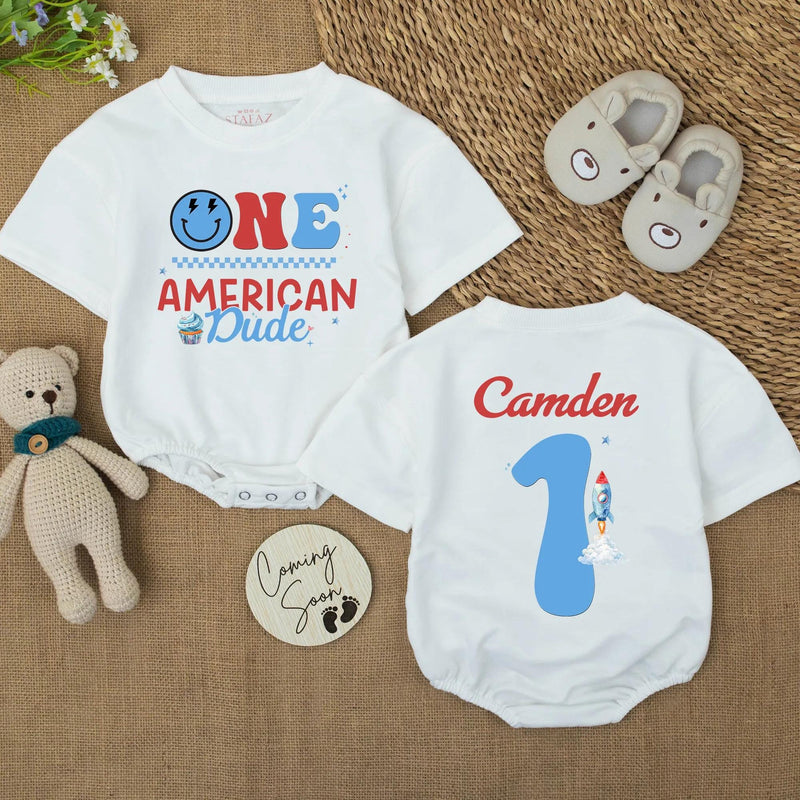 Personalized One American Dude 1st Birthday Romper and Banner Set for Boys, Patriotic Outfit with Smiley Face, Cupcake Design, 4th of July Party