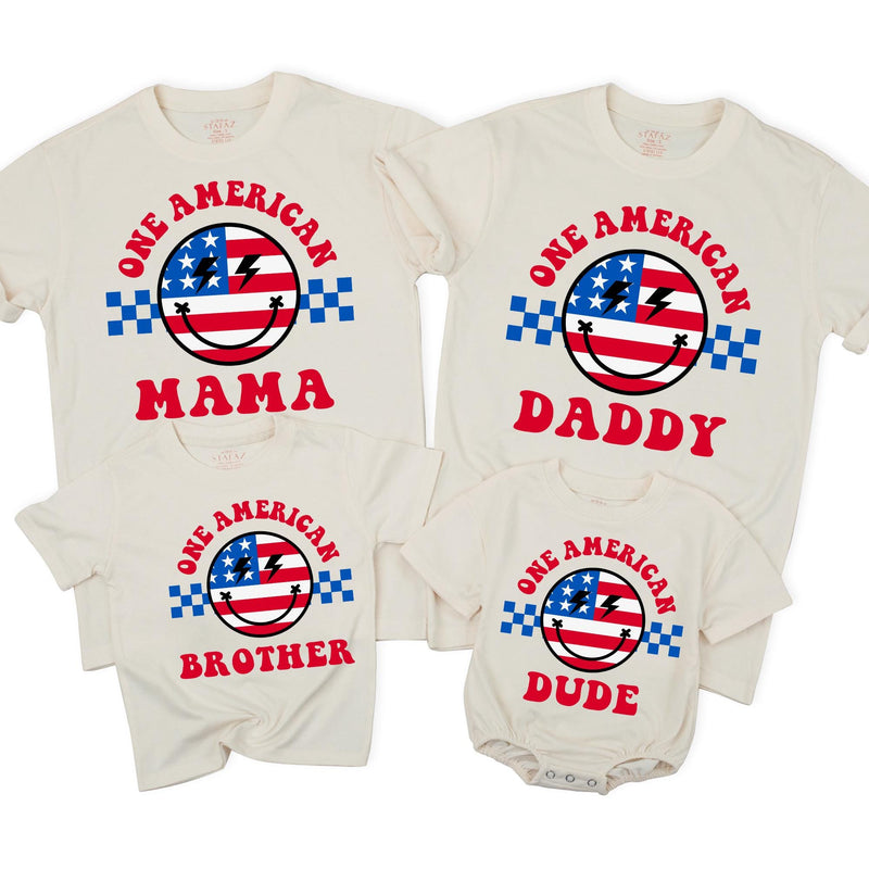 Personalized One American Dude Birthday Shirt Retro Patriotic Family Outfit Custom Red White Blue 4th of July Party or First Birthday