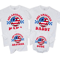Personalized One American Dude Birthday Shirt Retro Patriotic Family Outfit Custom Red White Blue 4th of July Party or First Birthday