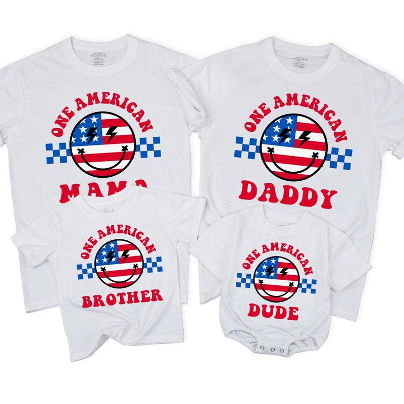 Personalized One American Dude Birthday Shirt Retro Patriotic Family Outfit Custom Red White Blue 4th of July Party or First Birthday