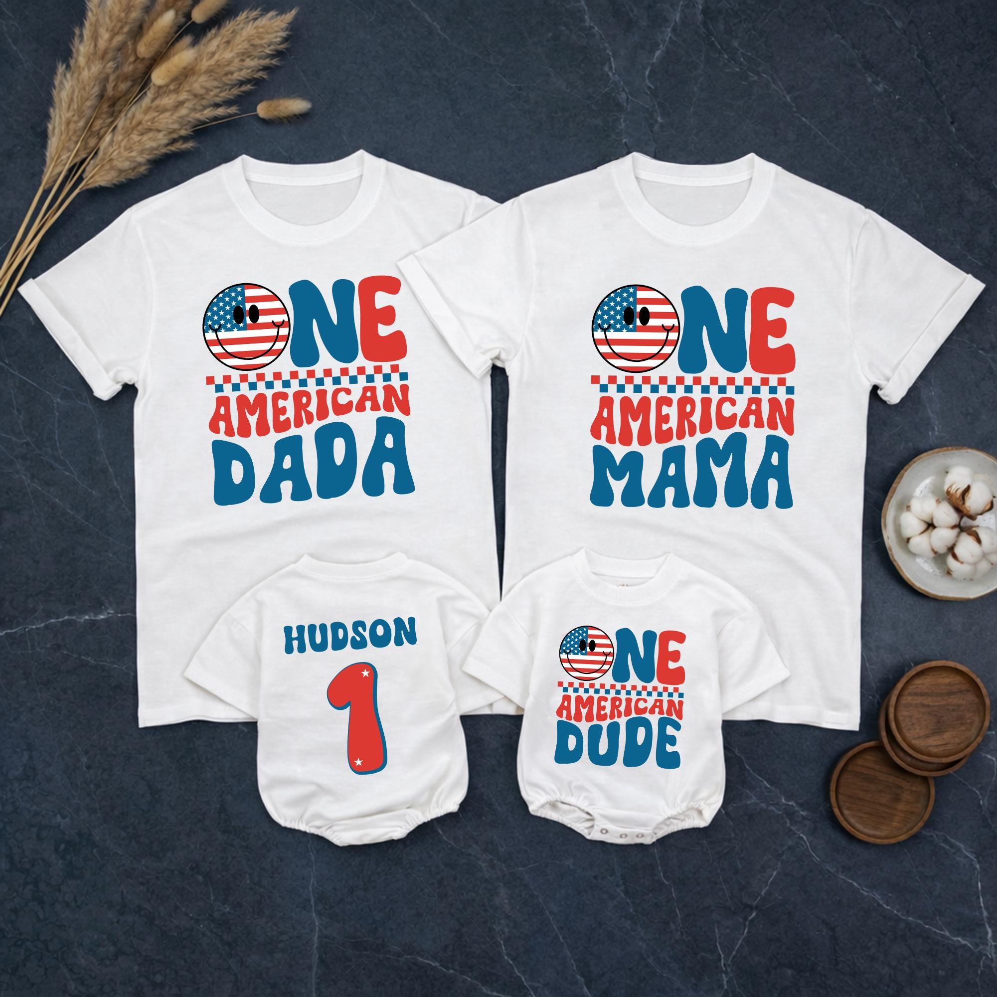 Personalized One American Dude First Birthday Shirt with USA Smiley Face, Red White Blue Retro Design, Patriotic 4th of July Outfit