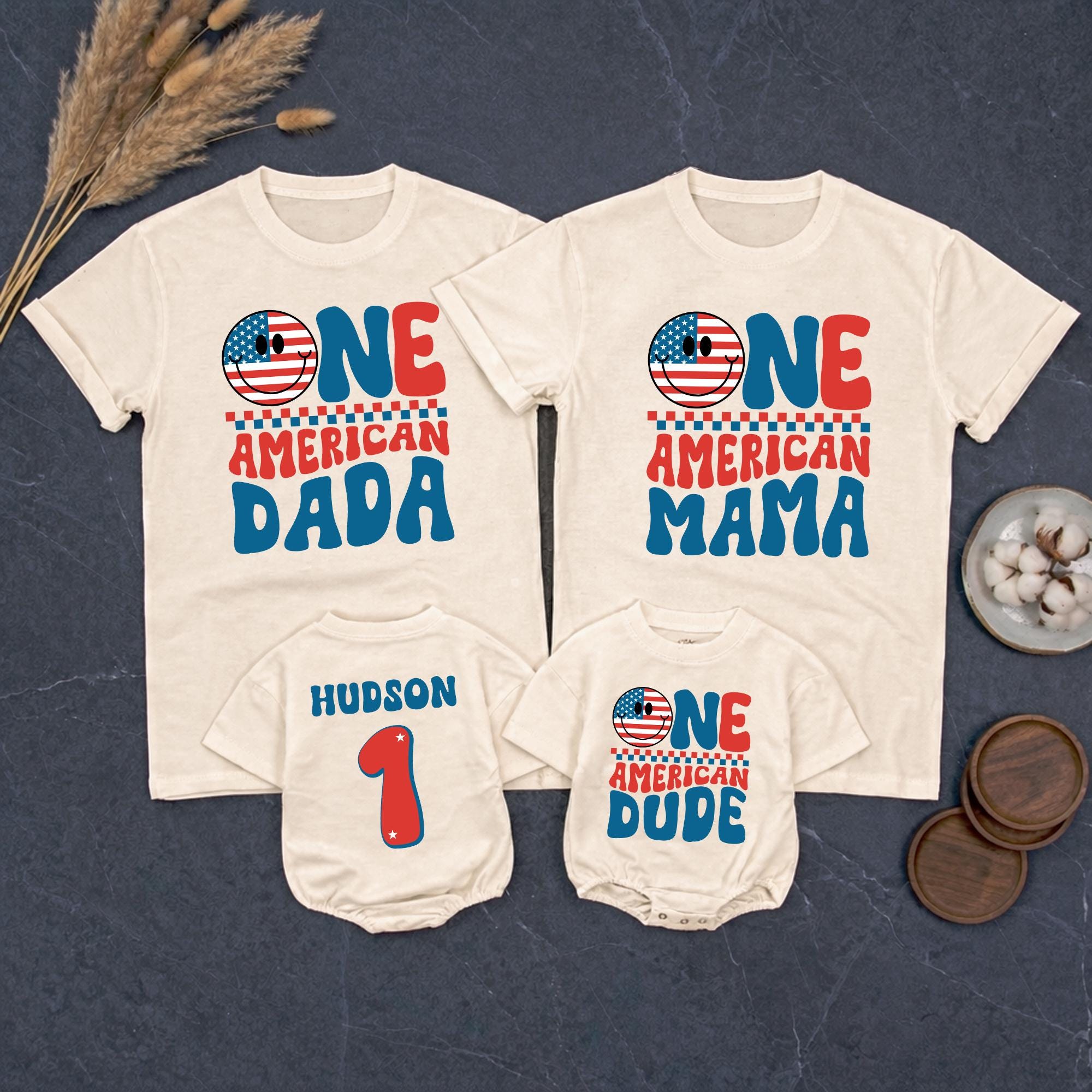 Personalized One American Dude First Birthday Shirt with USA Smiley Face, Red White Blue Retro Design, Patriotic 4th of July Outfit
