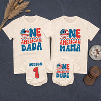 Personalized One American Dude First Birthday Shirt with USA Smiley Face, Red White Blue Retro Design, Patriotic 4th of July Outfit