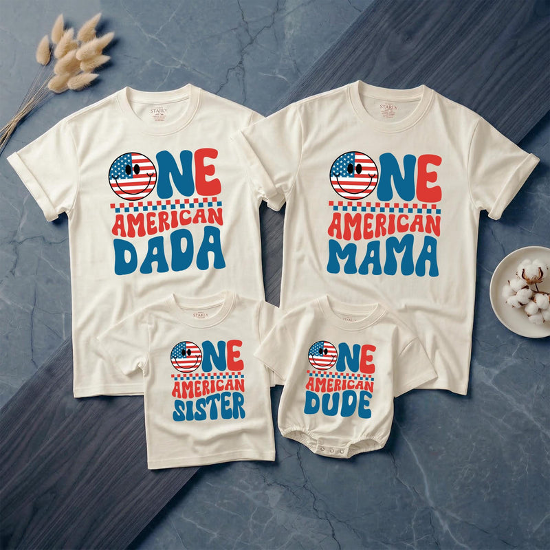 Personalized One American Dude First Birthday Shirt with USA Smiley Face, Red White Blue Retro Design, Patriotic 4th of July Outfit