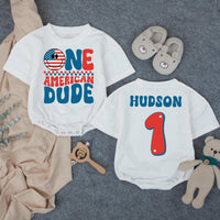 Personalized One American Dude First Birthday Shirt with USA Smiley Face, Red White Blue Retro Design, Patriotic 4th of July Outfit