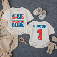 Personalized One American Dude First Birthday Shirt with USA Smiley Face, Red White Blue Retro Design, Patriotic 4th of July Outfit