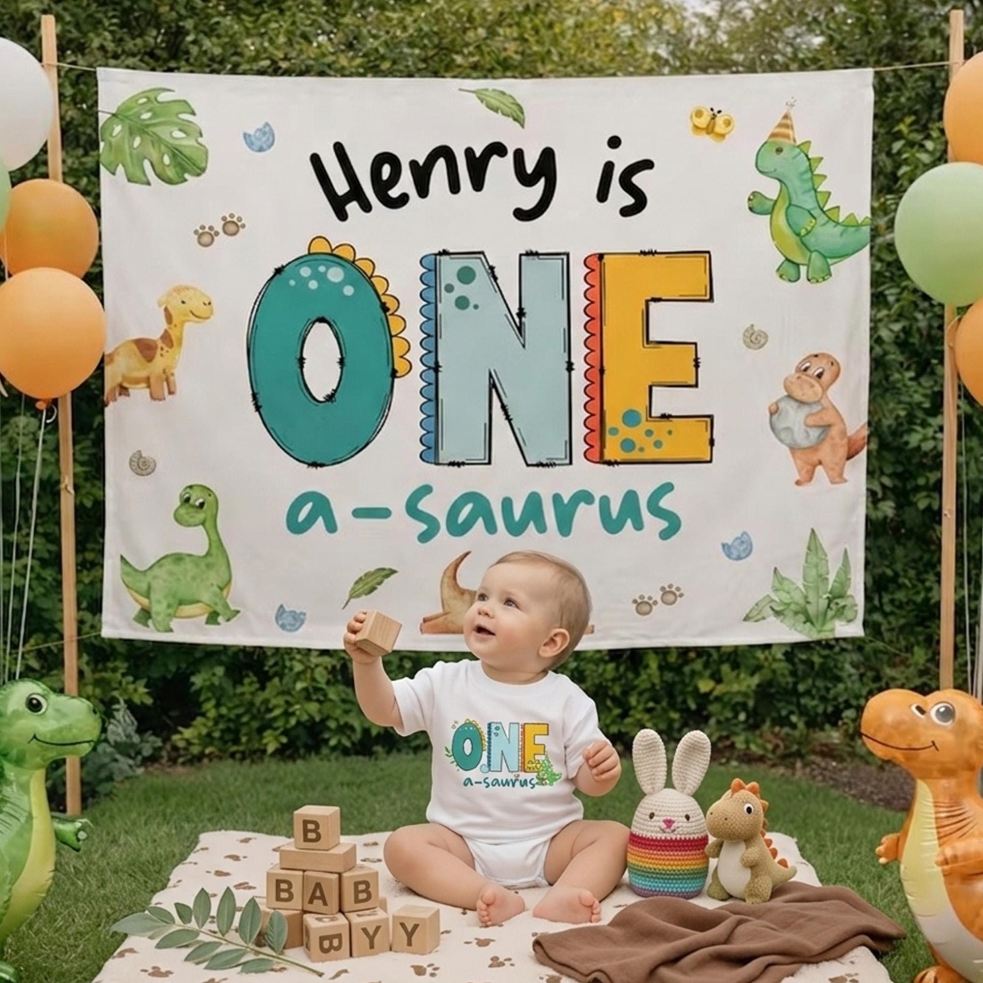 Personalized One-asaurus Dinosaur First Birthday Outfit for Baby Boy with Silk Banner, Custom Dino Theme Romper Party Decor Gift Idea