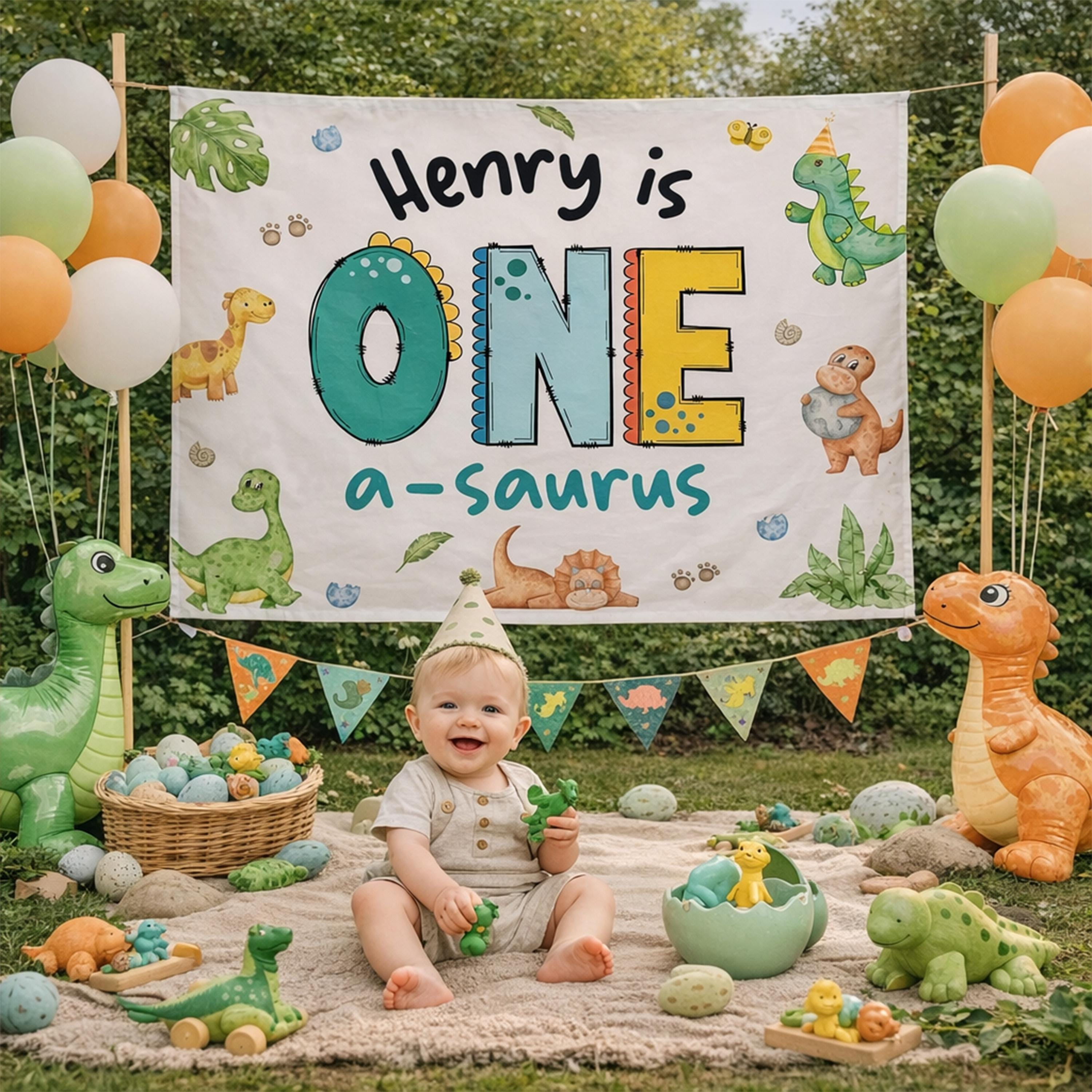 Personalized One-asaurus Dinosaur First Birthday Outfit for Baby Boy with Silk Banner, Custom Dino Theme Romper Party Decor Gift Idea