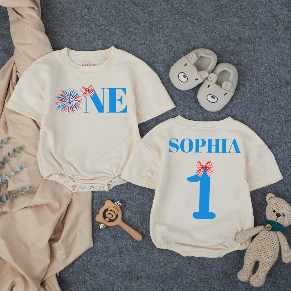 Personalized One Baby Girl First Birthday Outfit with Firework Design Bow, 1st Birthday Romper, Cake Smash Party Clothes, Custom Name Gift