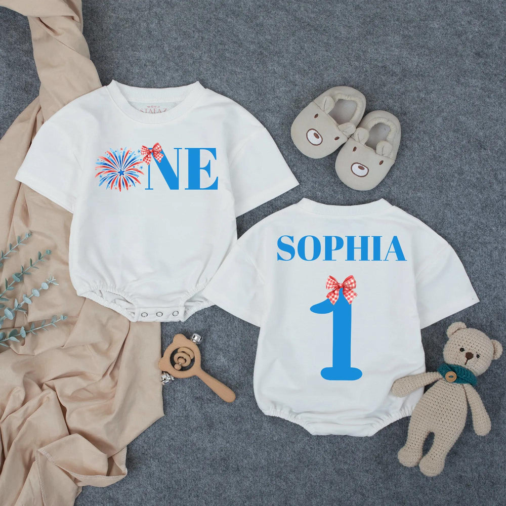 Personalized One Baby Girl First Birthday Outfit with Firework Design Bow, 1st Birthday Romper, Cake Smash Party Clothes, Custom Name Gift