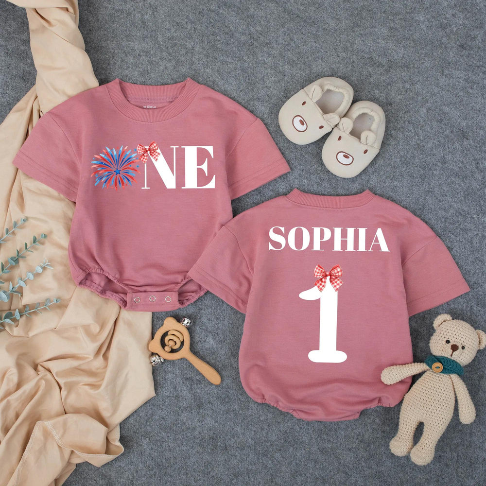 Personalized One Baby Girl First Birthday Outfit with Firework Design Bow, 1st Birthday Romper, Cake Smash Party Clothes, Custom Name Gift