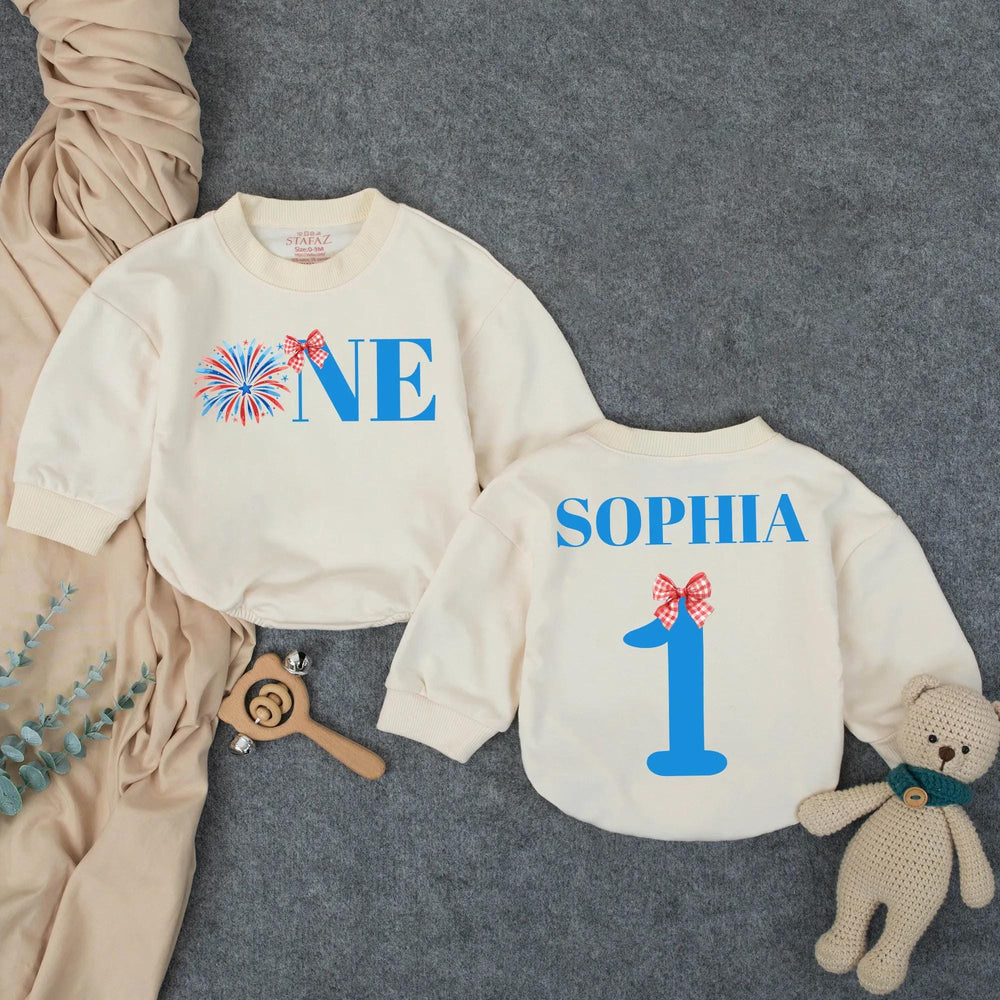 Personalized One Baby Girl First Birthday Outfit with Firework Design Bow, 1st Birthday Romper, Cake Smash Party Clothes, Custom Name Gift