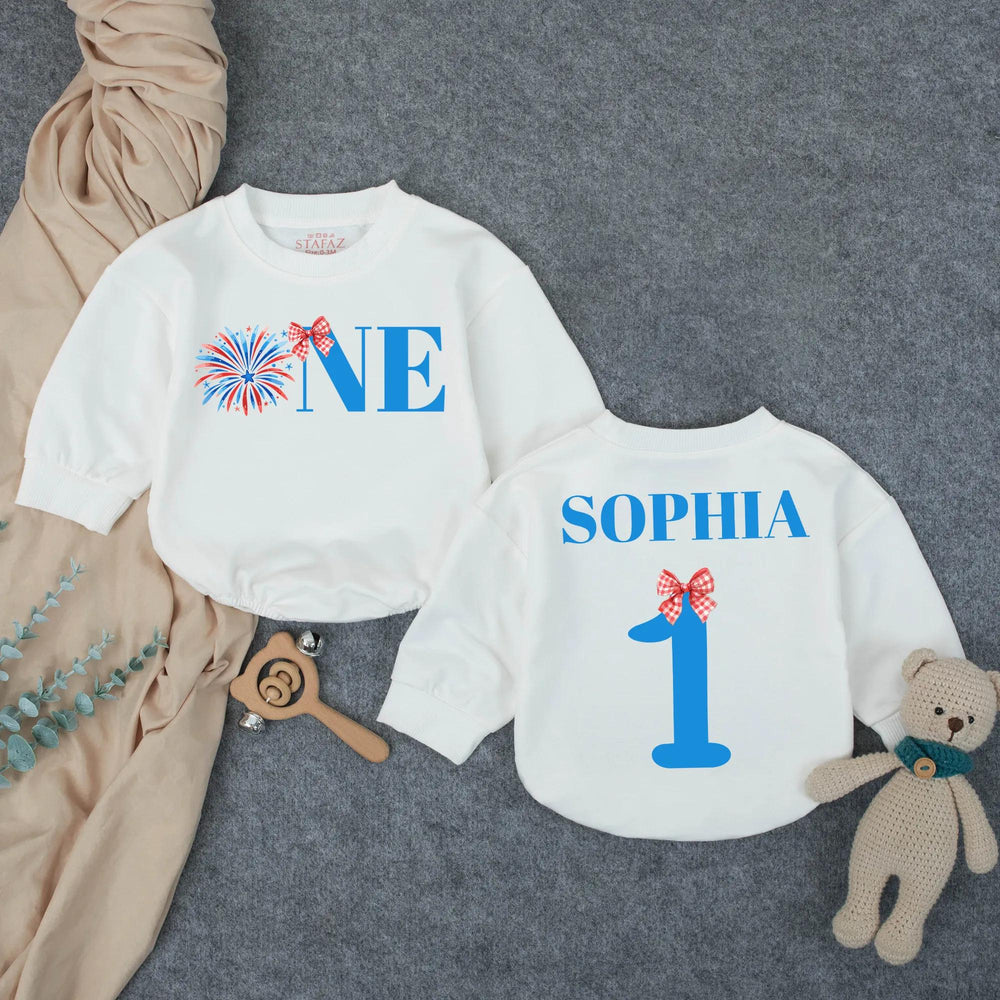 Personalized One Baby Girl First Birthday Outfit with Firework Design Bow, 1st Birthday Romper, Cake Smash Party Clothes, Custom Name Gift