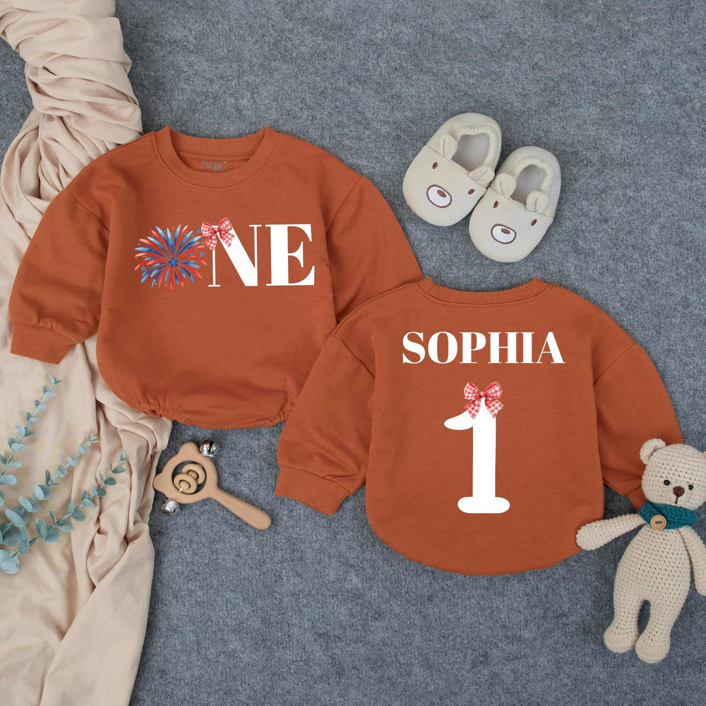 Personalized One Baby Girl First Birthday Outfit with Firework Design Bow, 1st Birthday Romper, Cake Smash Party Clothes, Custom Name Gift