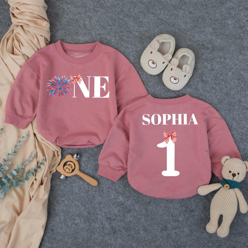 Personalized One Baby Girl First Birthday Outfit with Firework Design Bow, 1st Birthday Romper, Cake Smash Party Clothes, Custom Name Gift