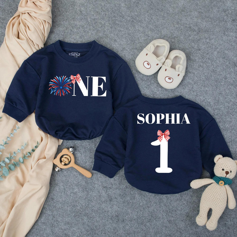 Personalized One Baby Girl First Birthday Outfit with Firework Design Bow, 1st Birthday Romper, Cake Smash Party Clothes, Custom Name Gift