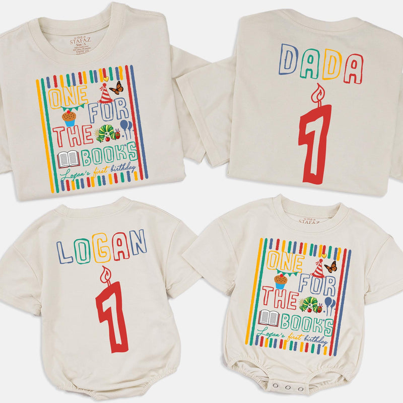 Personalized One for the Books 1st Birthday Matching Family Shirts Custom Name Baby Toddler Outfit Colorful Bookworm Theme Party Gift