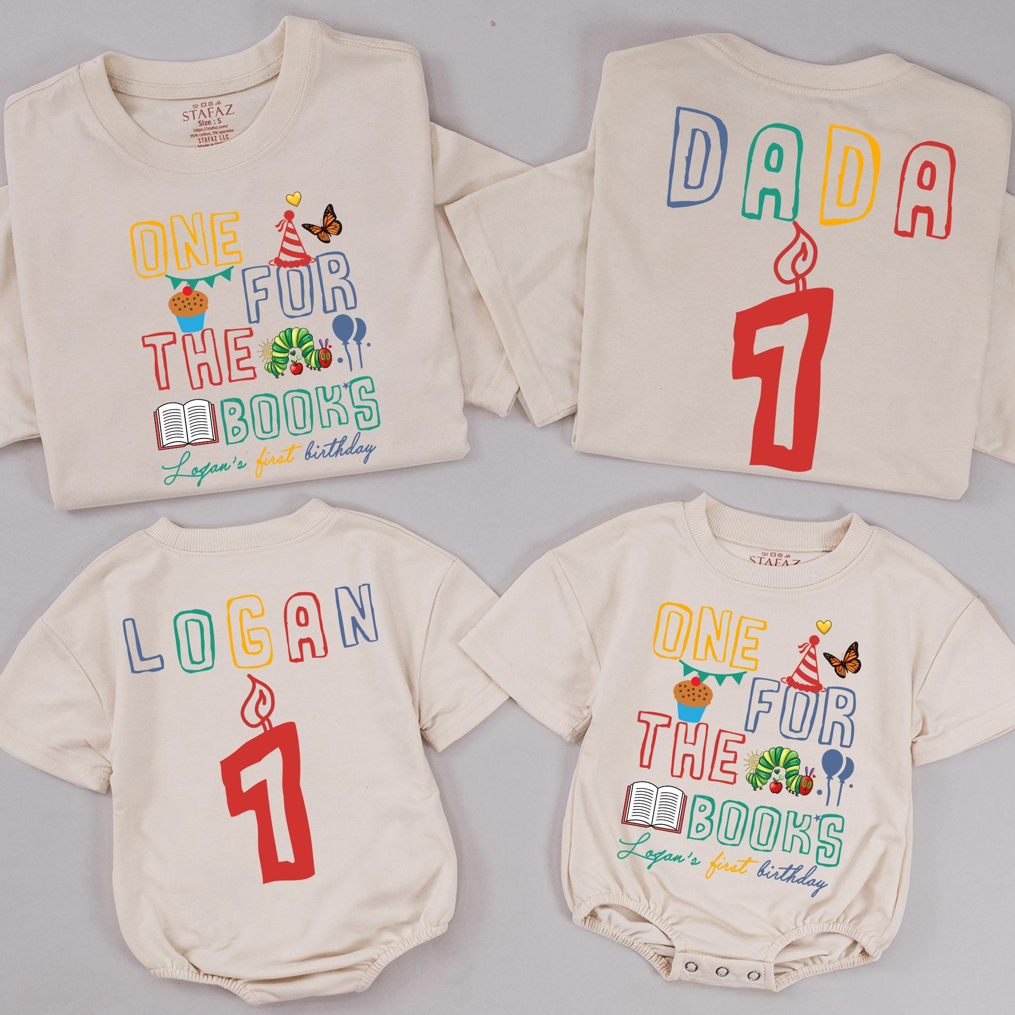 Personalized One for the Books Baby 1st Birthday Shirt with Cupcake and Balloons Logan’s Chapter One Family Matching Party Outfit