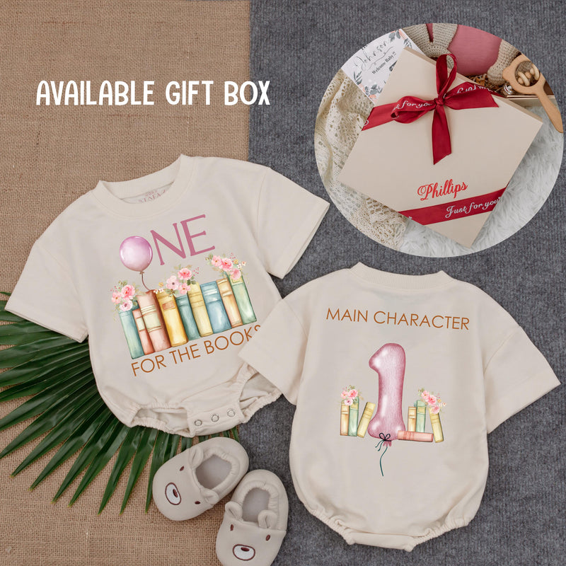 Personalized Storybook Theme Baby Romper with 'One for the Books' Artwork, First Birthday Outfit, Soft Cotton Long Sleeve Infant Clothes